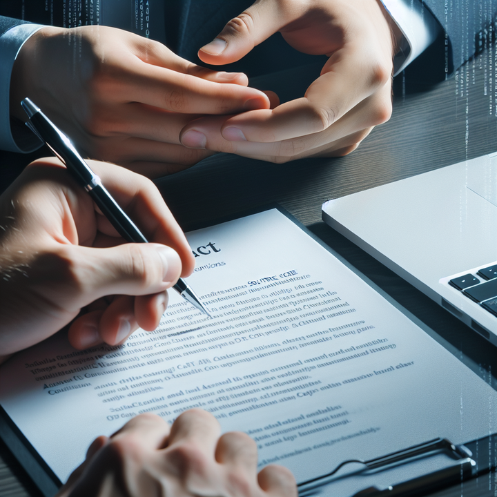 계약서 항목을 검토 중인 개발자와 클라이언트