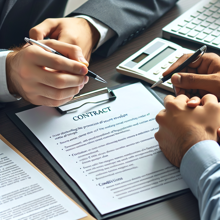 계약서 항목을 검토 중인 개발자와 클라이언트