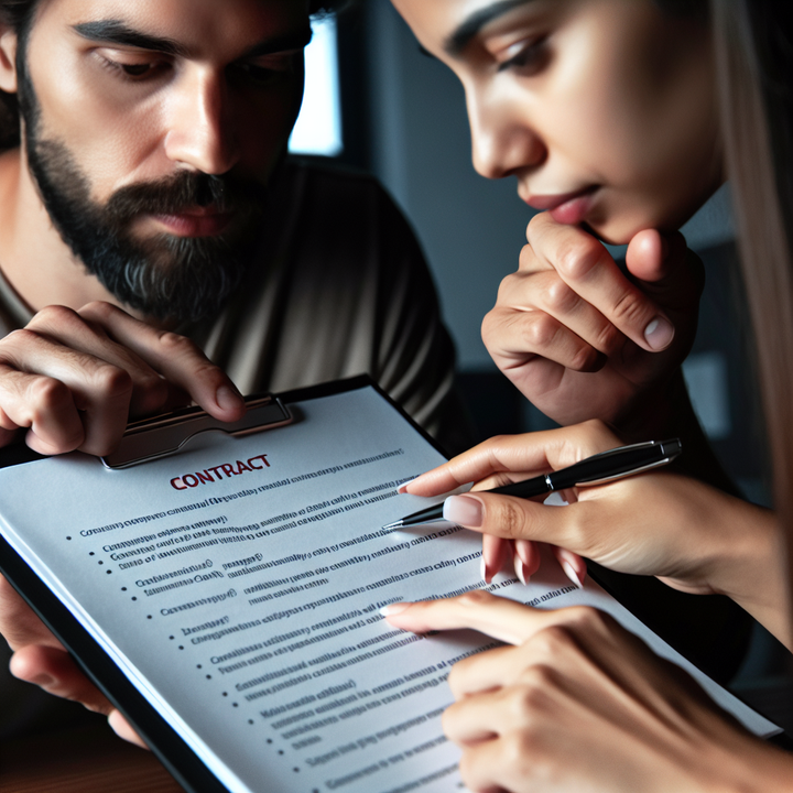 계약서 항목을 검토 중인 개발자와 클라이언트